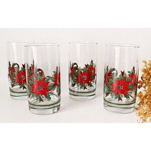 4 Vintage Christmas Poinsettia Drinking Glasses